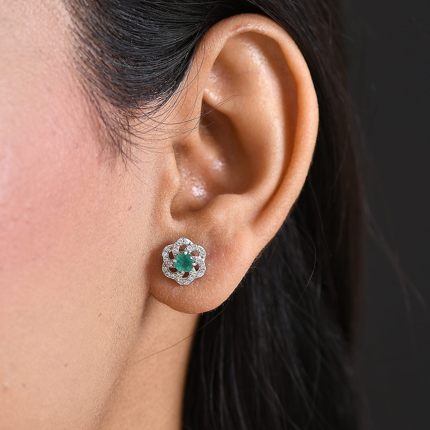 D'Joy AAA Gemfields Zambian Emerald & White Zircon Floral Stud Earring with Push Back in Rhodium Overlay Sterling Silver 1.08 Ct.