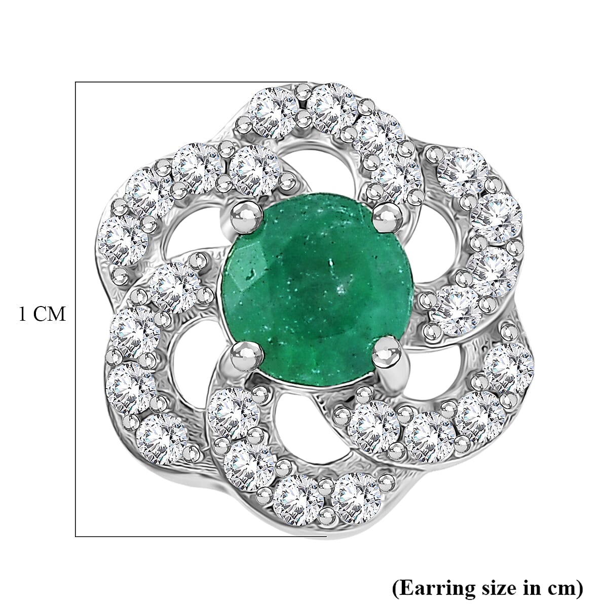 D'Joy AAA Gemfields Zambian Emerald & White Zircon Floral Stud Earring with Push Back in Rhodium Overlay Sterling Silver 1.08 Ct.