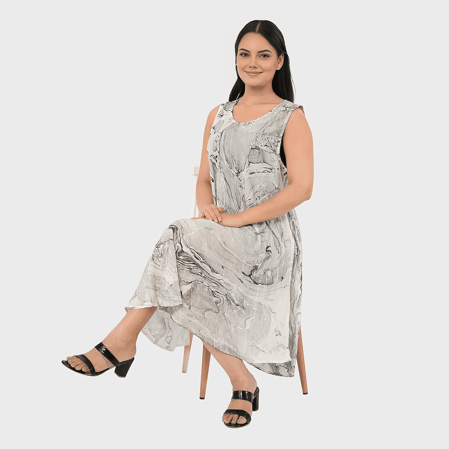 - Maisi Marble Print Sleeveless Umbrella Dress (One Size) - Grey