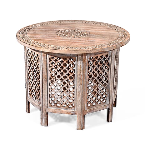 Wooden Hand Carved Round Coffee Table (68 x 68 x 51 cm)