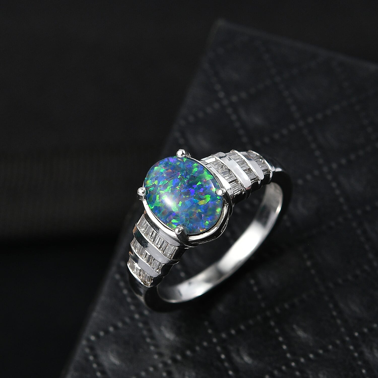 Close Out Deal- Australian Boulder Opal and Moissanite Ring in Rhodium Overlay Sterling Silver 1.70 Ct.