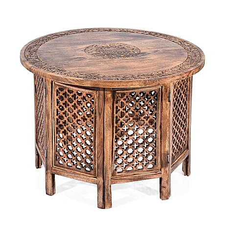 Wooden Hand Carved Coffee Table (68 x 68 x 51 cm) - Brown