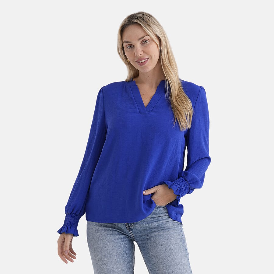 & Maisi Long-Sleeve V-Neck Top with Smocked Cuffs