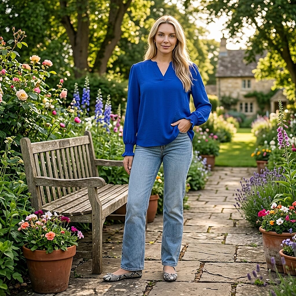 & Maisi Long-Sleeve V-Neck Top with Smocked Cuffs