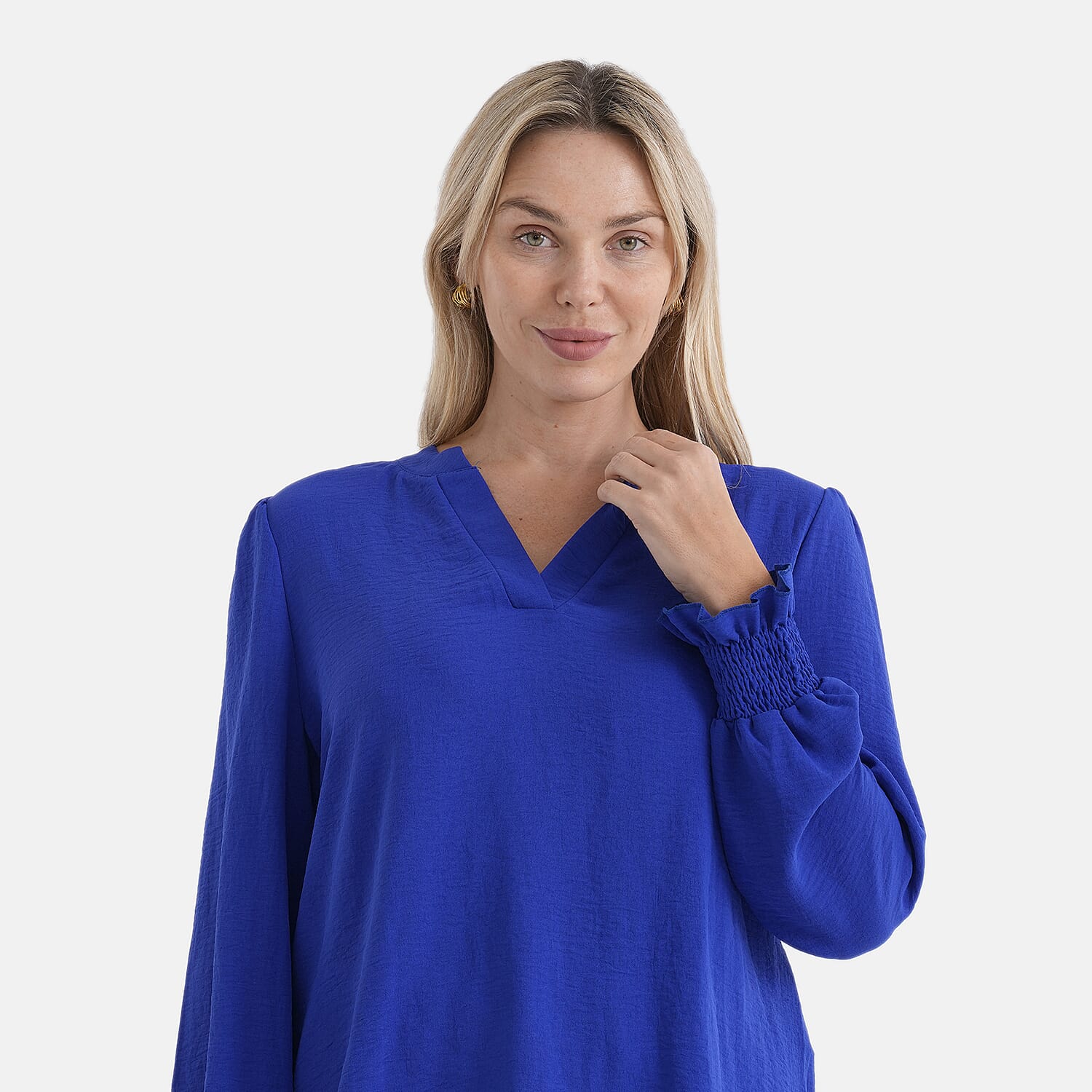 & Maisi Long-Sleeve V-Neck Top with Smocked Cuffs