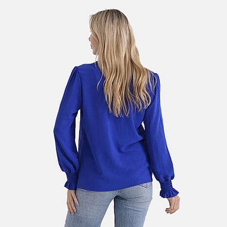 - Maisi Long-Sleeve V-Neck Top with Smocked Cuffs (Size - XL) - Blue