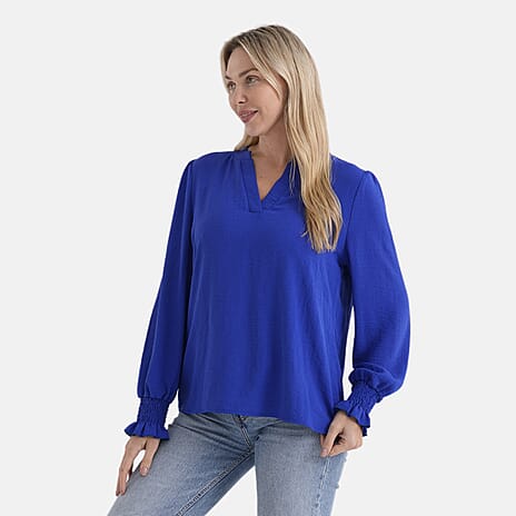 - Maisi Long-Sleeve V-Neck Top with Smocked Cuffs (Size - XL) - Blue