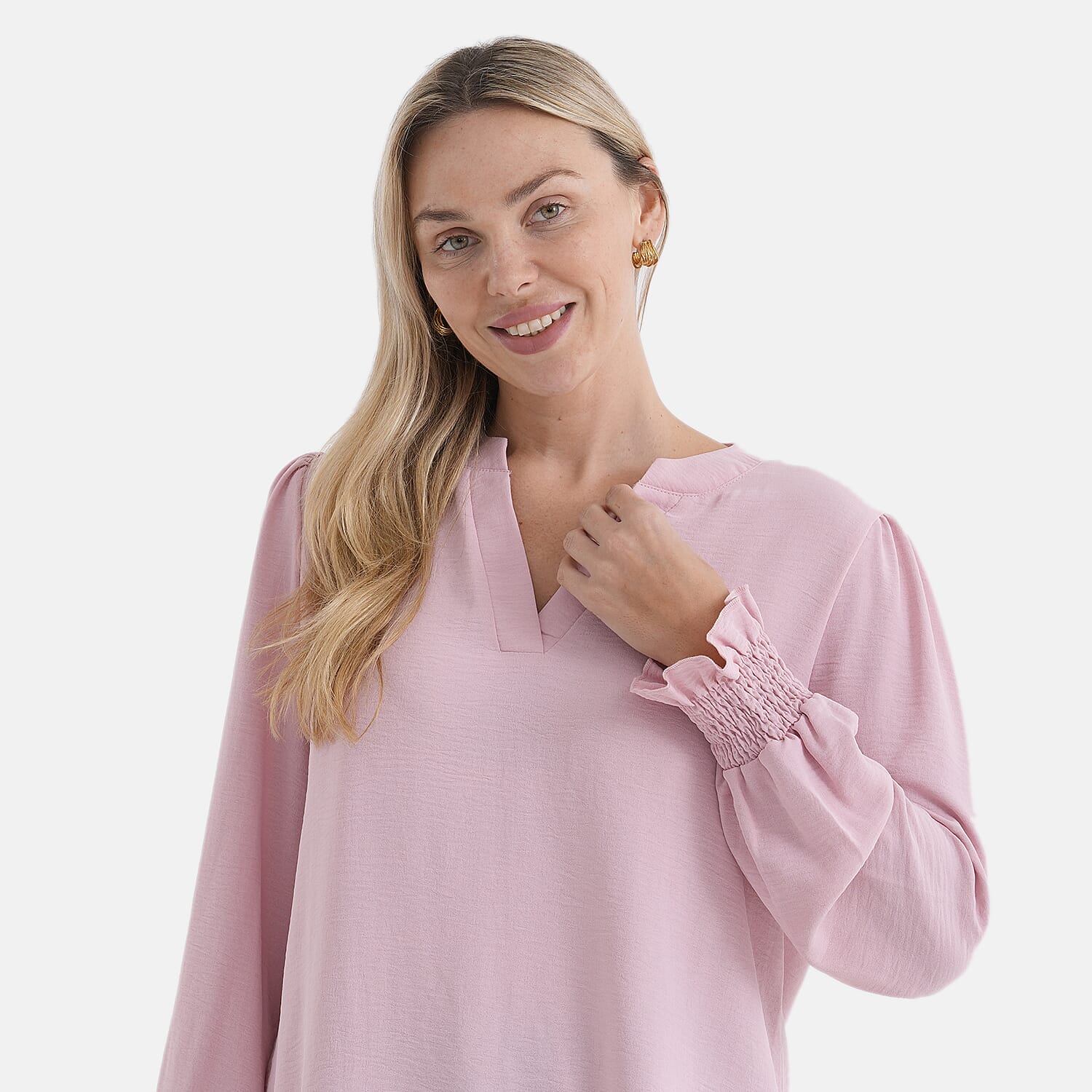 & Maisi Long-Sleeve V-Neck Top with Smocked Cuffs