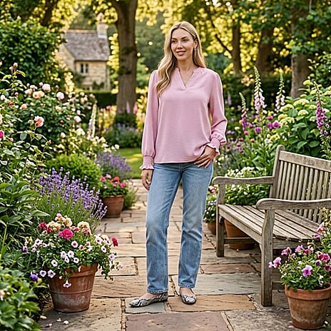 - Maisi Long-Sleeve V-Neck Top with Smocked Cuffs (Size - M) - Pink