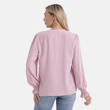 - Maisi Long-Sleeve V-Neck Top with Smocked Cuffs (Size - M) - Pink