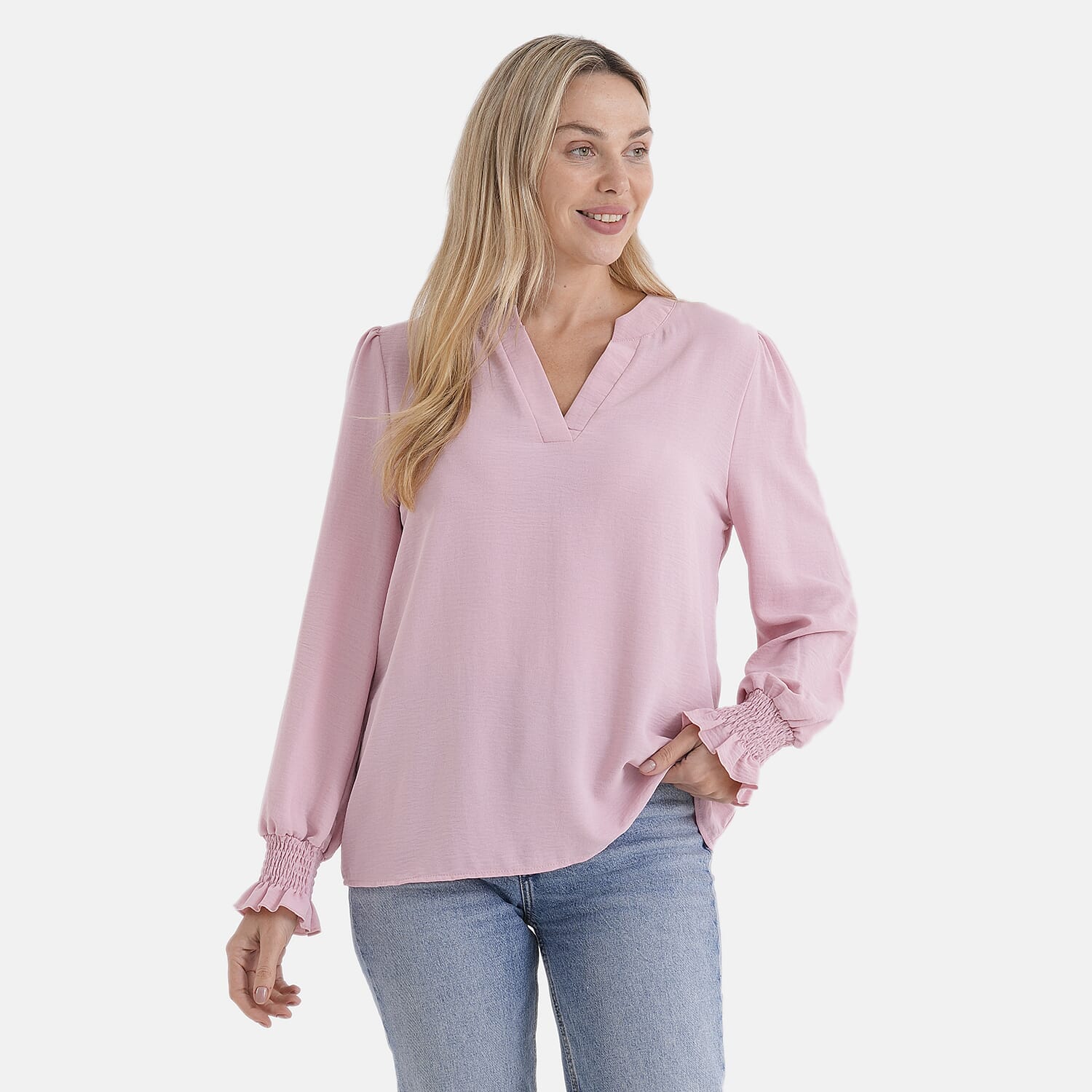 & Maisi Long-Sleeve V-Neck Top with Smocked Cuffs