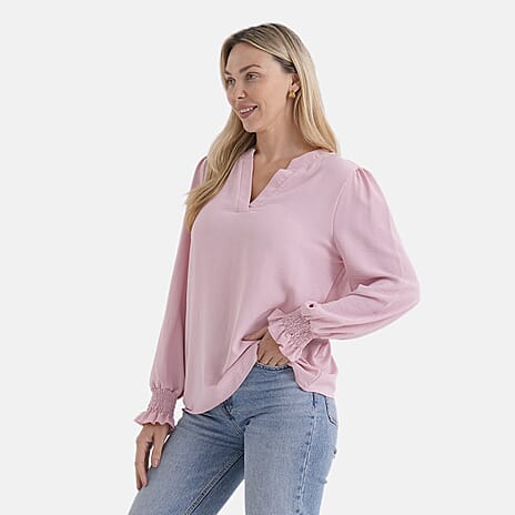 - Maisi Long-Sleeve V-Neck Top with Smocked Cuffs (Size - L) - Pink