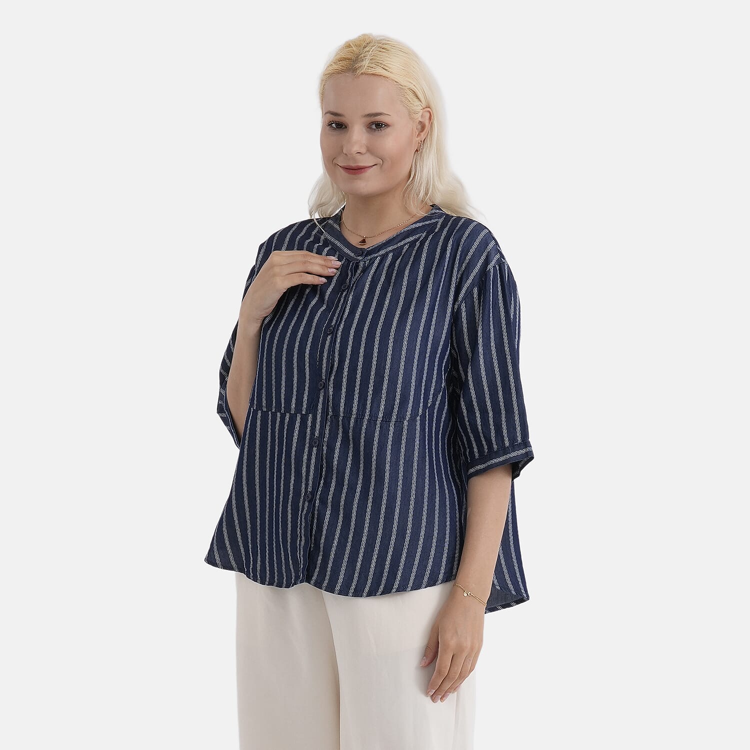 La Marey Striped Lyocell Denim Smock Top (Size S, 8 to 10) - Dark Blue