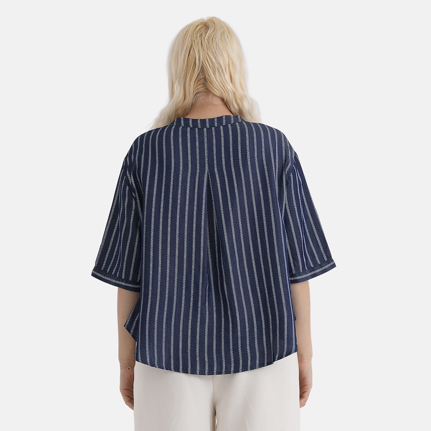 La Marey Striped Lyocell Denim Smock Top (Size S, 8 to 10) - Dark Blue