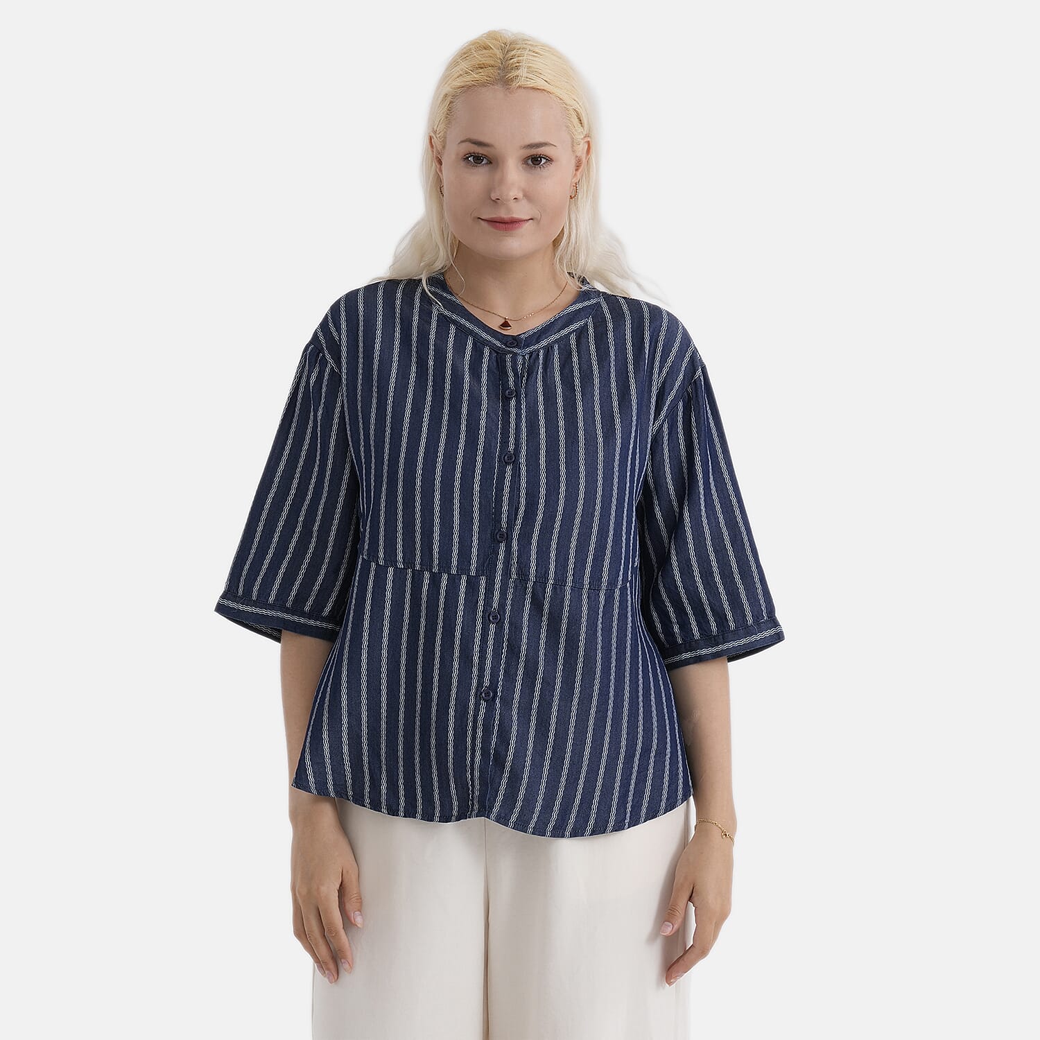 La Marey Striped Lyocell Denim Smock Top (Size S, 8 to 10) - Dark Blue