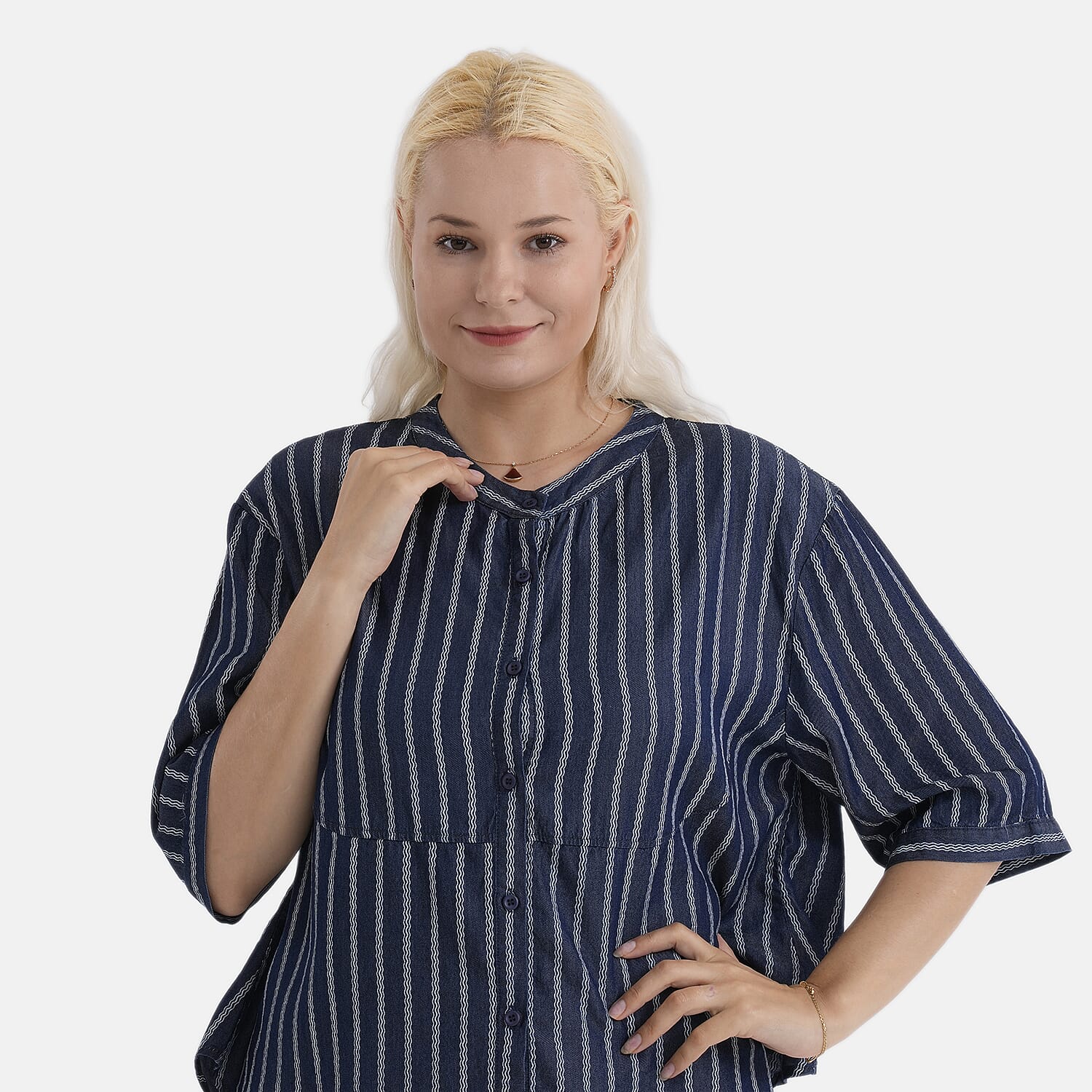 La Marey Striped Lyocell Denim Smock Top (Size S, 8 to 10) - Dark Blue