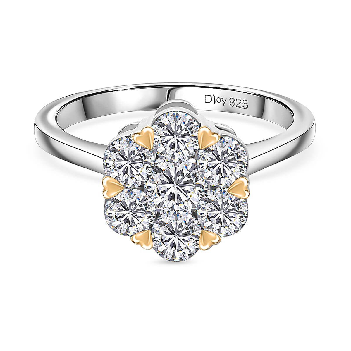 D'Joy Moissanite Floral Ring in Yellow Gold Plated and Platinum Overlay Sterling Silver 1.28 Ct.