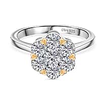 D'Joy Moissanite Floral Ring in Yellow Gold Plated and Platinum Overlay Sterling Silver 1.28 Ct.