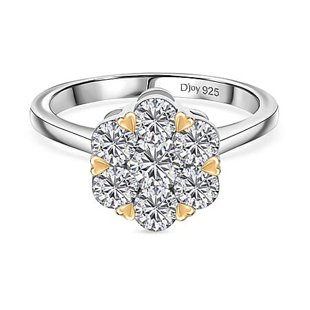 D'Joy Moissanite Floral Ring in Yellow Gold Plated and Platinum Overlay Sterling Silver 1.28 Ct.
