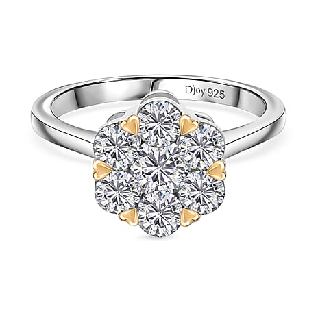 D'Joy Moissanite Floral Ring in Yellow Gold Plated and Platinum Overlay Sterling Silver 1.28 Ct.