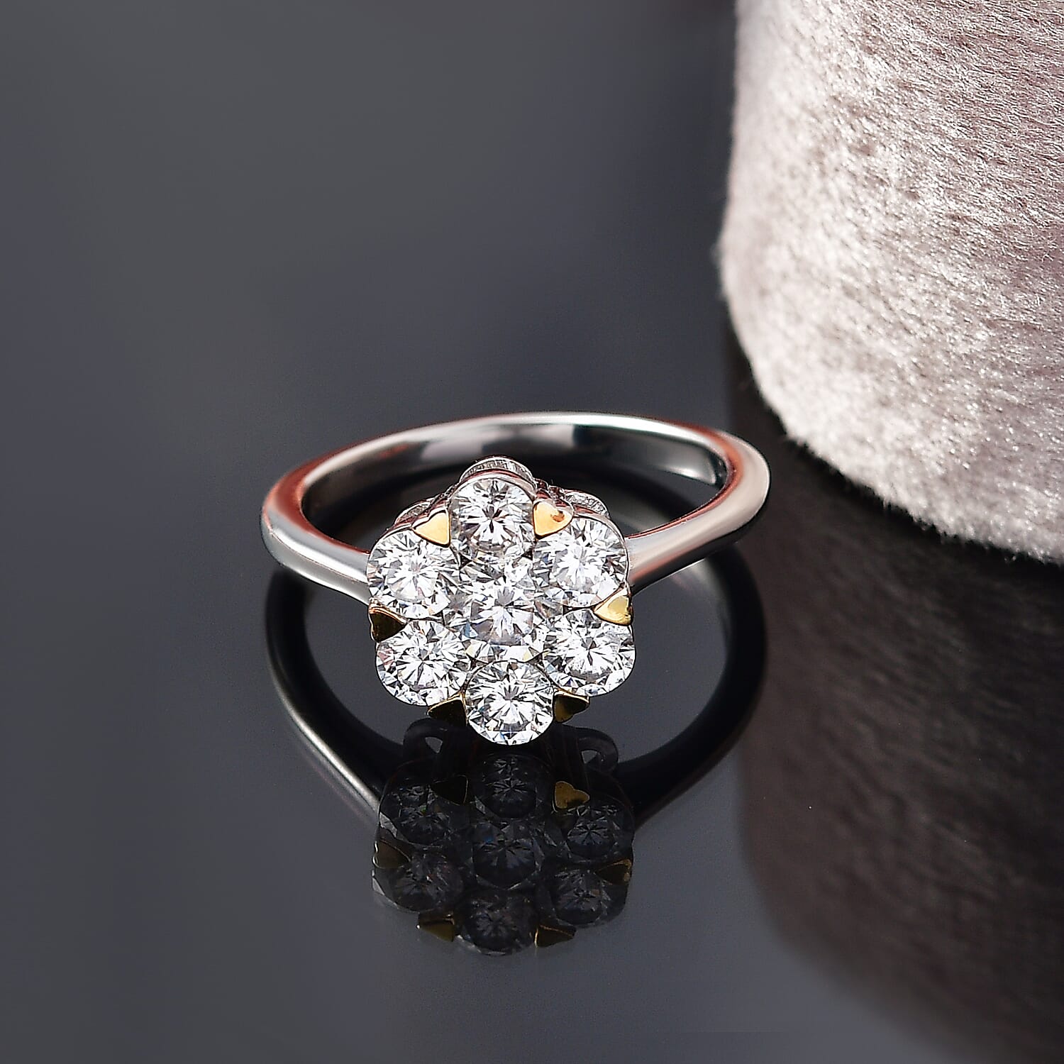 D'Joy Moissanite Floral Ring in Yellow Gold Plated and Platinum Overlay Sterling Silver 1.28 Ct.