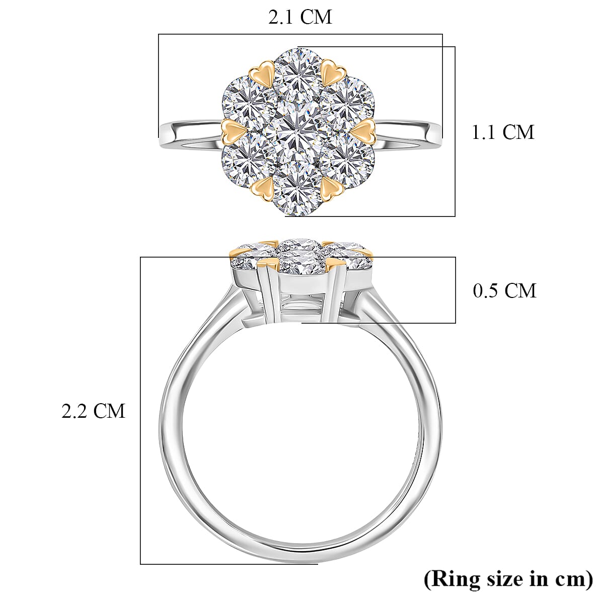 D'Joy Moissanite Floral Ring in Yellow Gold Plated and Platinum Overlay Sterling Silver 1.28 Ct.
