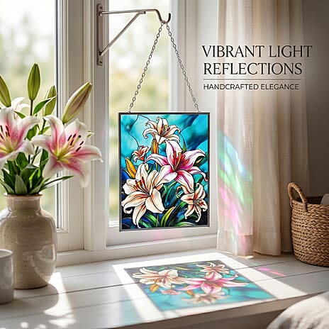 Multicolour Flower Glass Suncatcher Rectangle Pendant with Silver Hanging Chain & Frame (12x15cm)