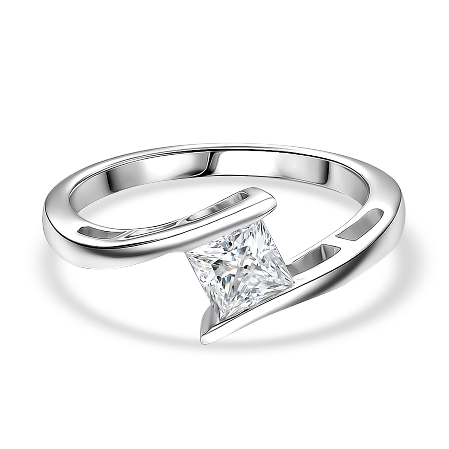 D'Joy Moissanite Solitaire Ring in Platinum Overlay Sterling Silver