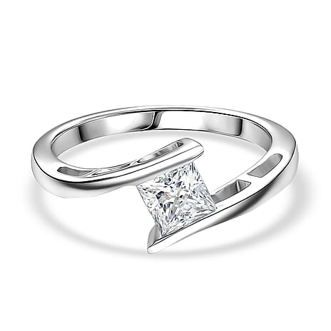 D'Joy Moissanite Solitaire Ring in Platinum Overlay Sterling Silver