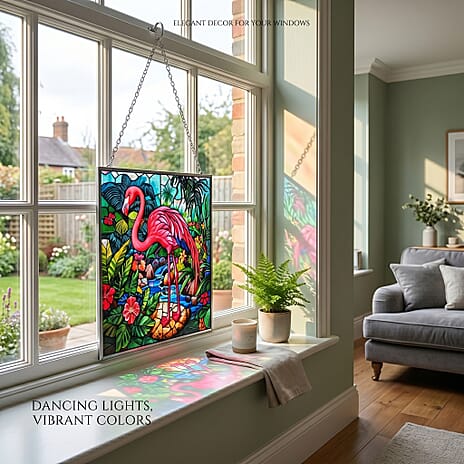 Multicolour Flower & Flamingo Glass Suncatcher Rectangle Pendant with Silver Hanging Chain & Frame (12x15cm)