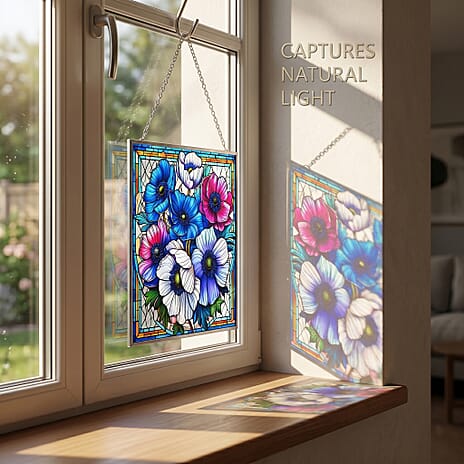 Multicolour Flower Glass Suncatcher Rectangle Pendant with Silver Hanging Chain & Frame (12x15cm)