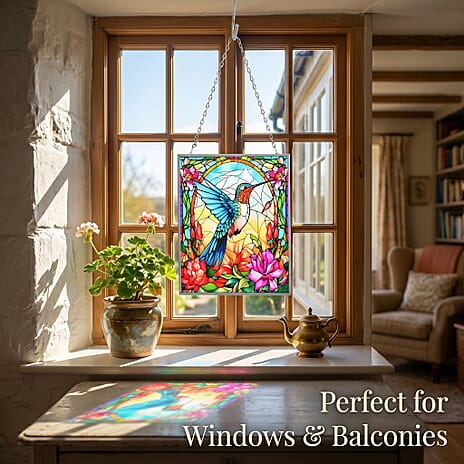 Multicolour Flower & Bird Glass Suncatcher Rectangle Pendant with Silver Hanging Chain & Frame (12x15cm)