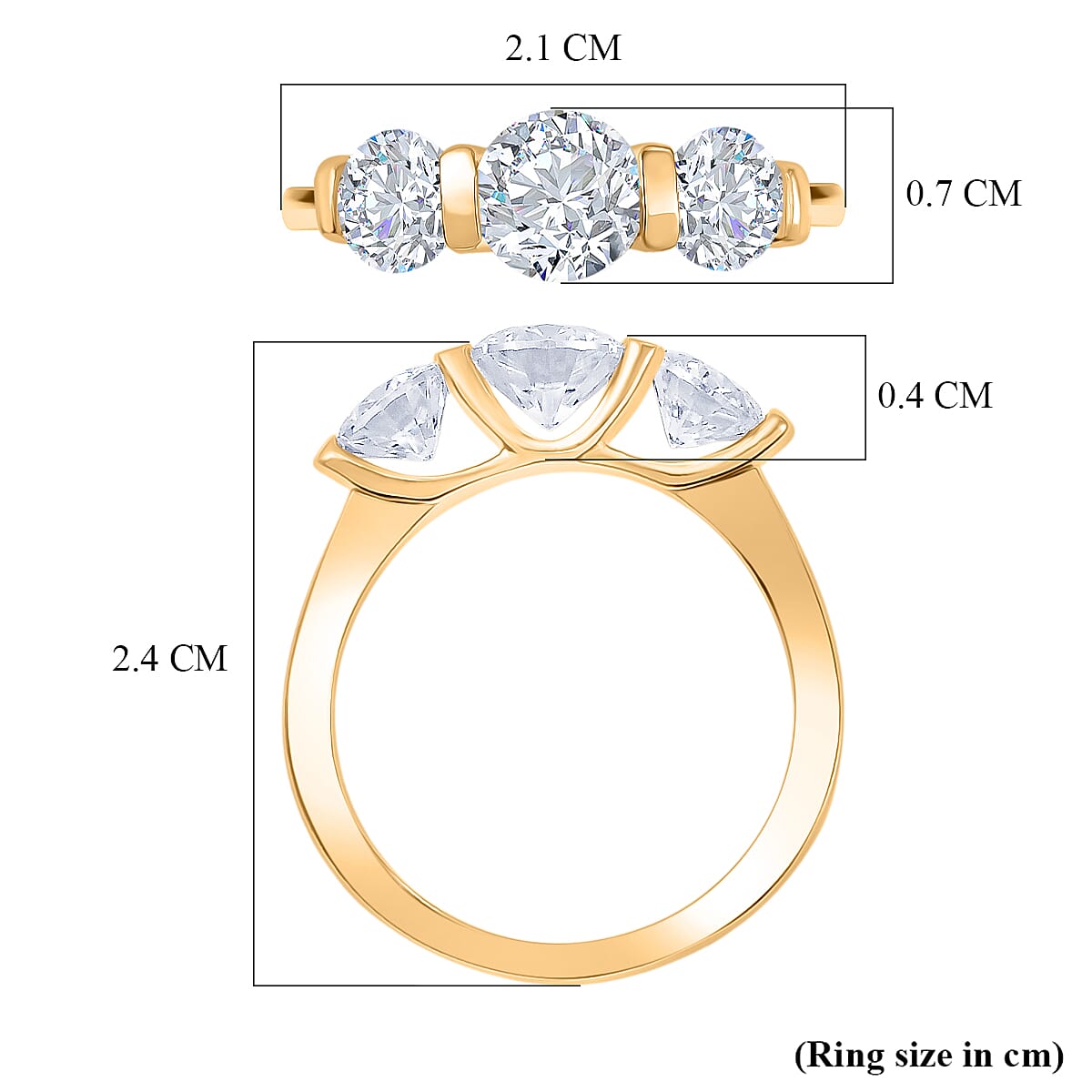 D'Joy Moissanite 3 Stone Ring in Yellow Gold Plated Sterling Silver 1.71 Ct.