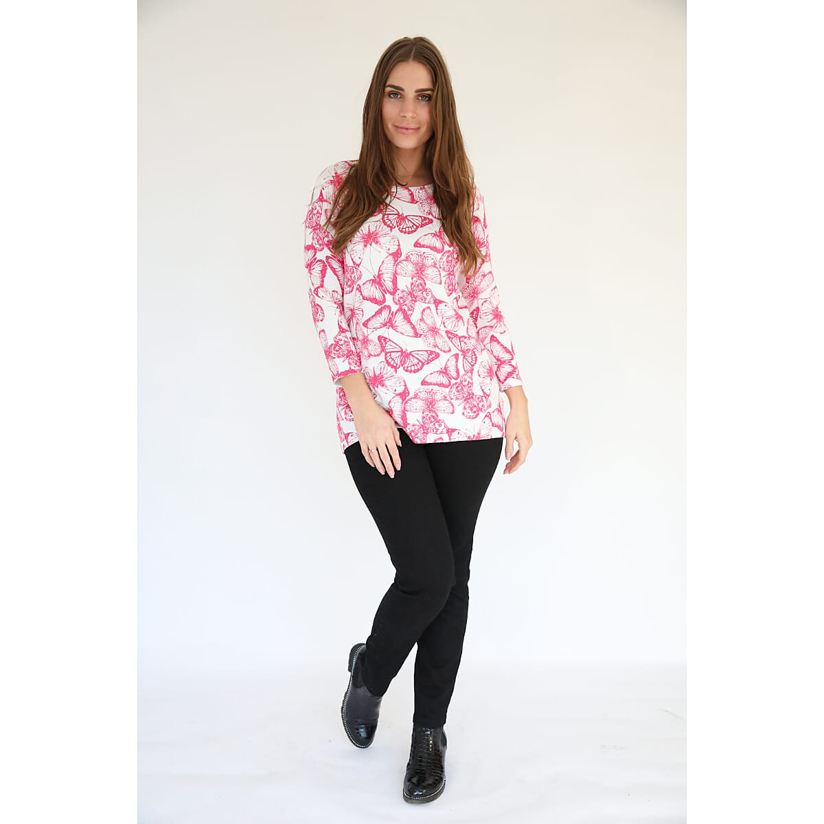 Mudflower Butterfly Print Tunic Jumper (Size 20 to 22) - Hot Pink