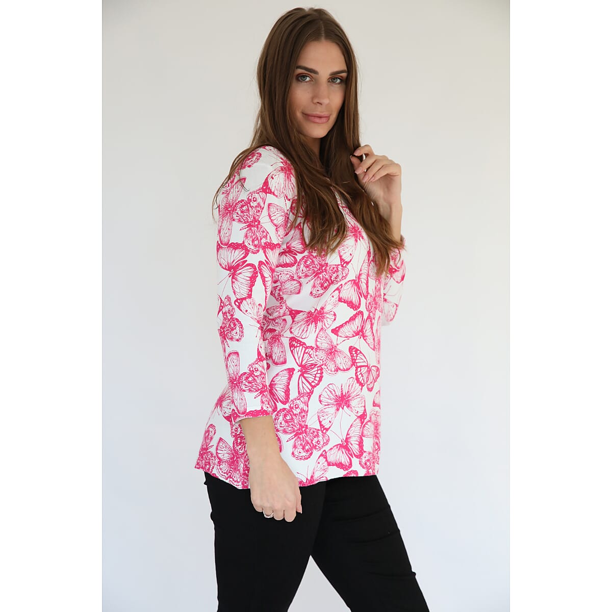 Mudflower Butterfly Print Tunic Jumper (Size 20 to 22) - Hot Pink