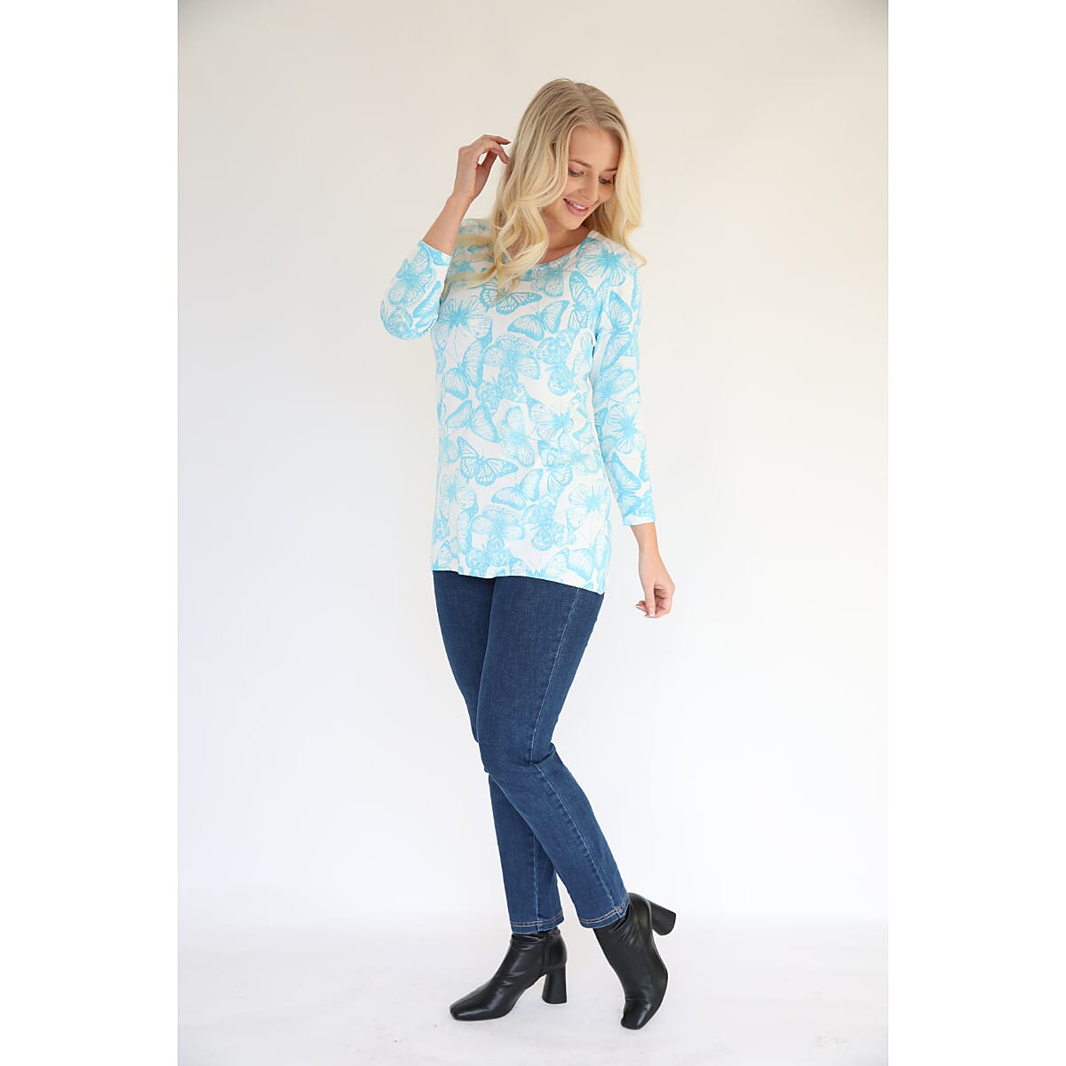 Mudflower Butterfly Print Tunic Jumper (Size 12 to 14) - Turquoise