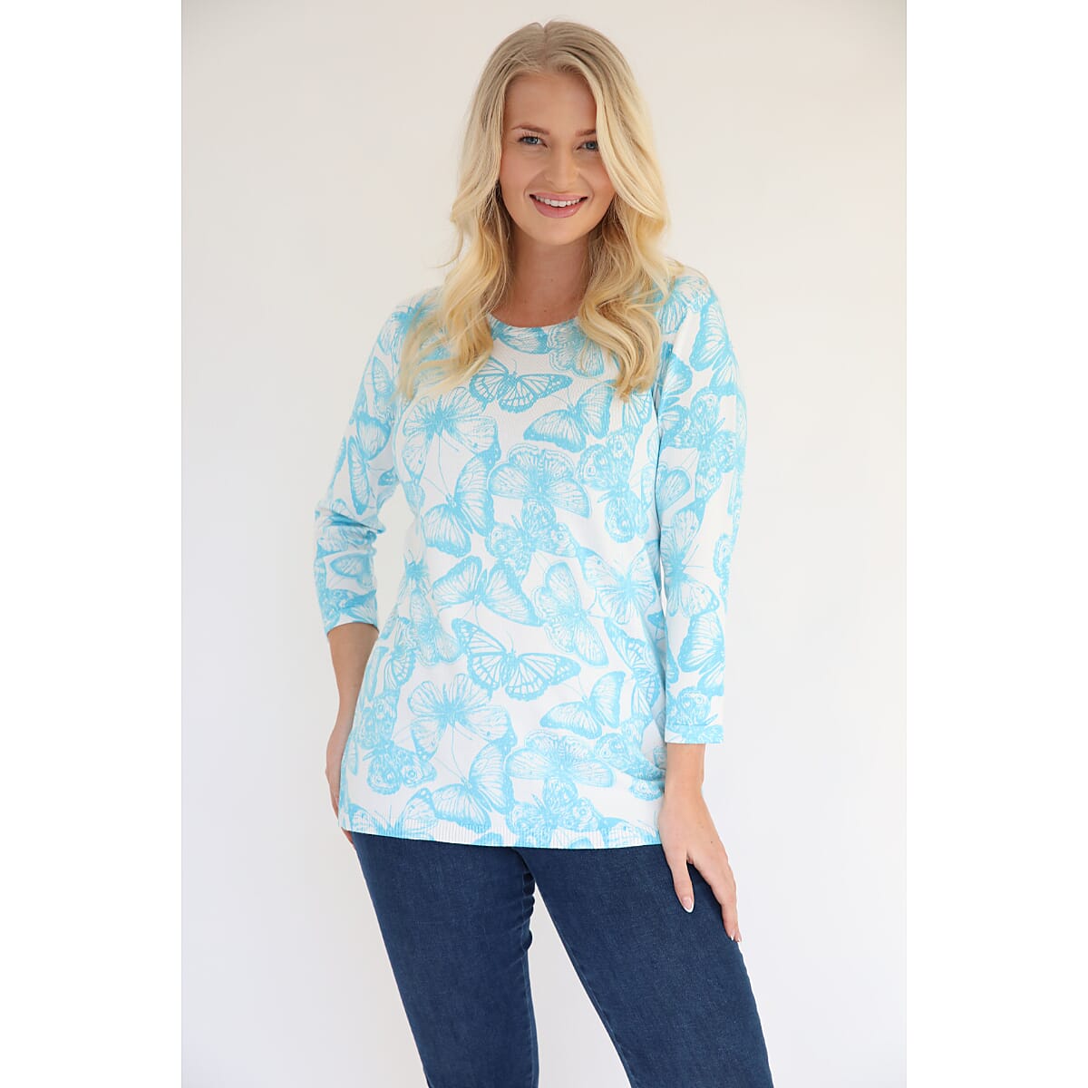 Mudflower Butterfly Print Tunic Jumper (Size 20 to 22) - Turquoise