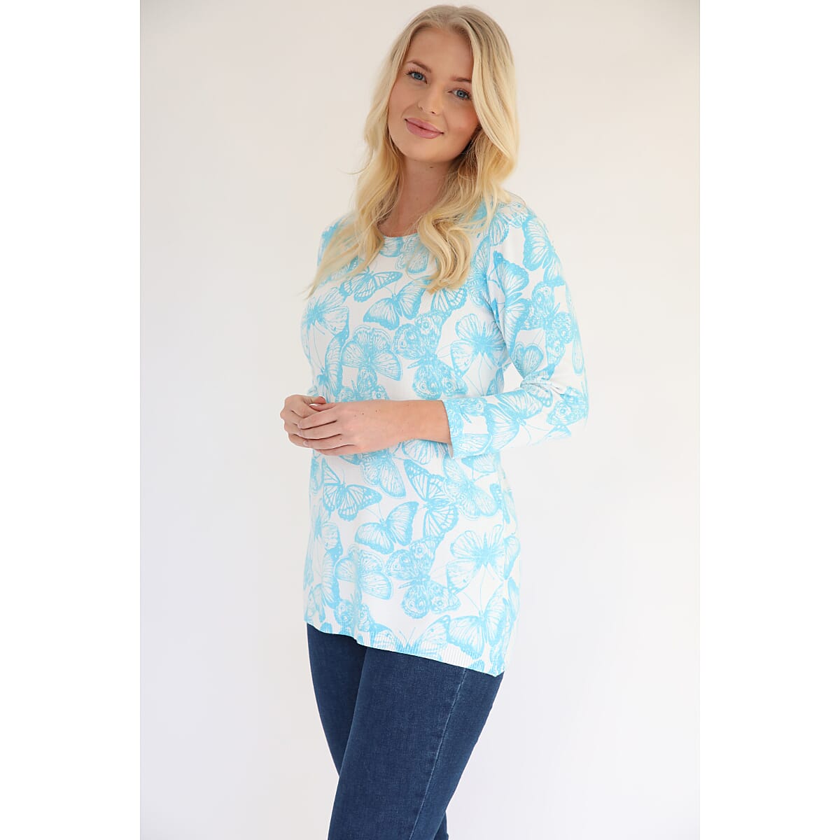 Mudflower Butterfly Print Tunic Jumper (Size 20 to 22) - Turquoise