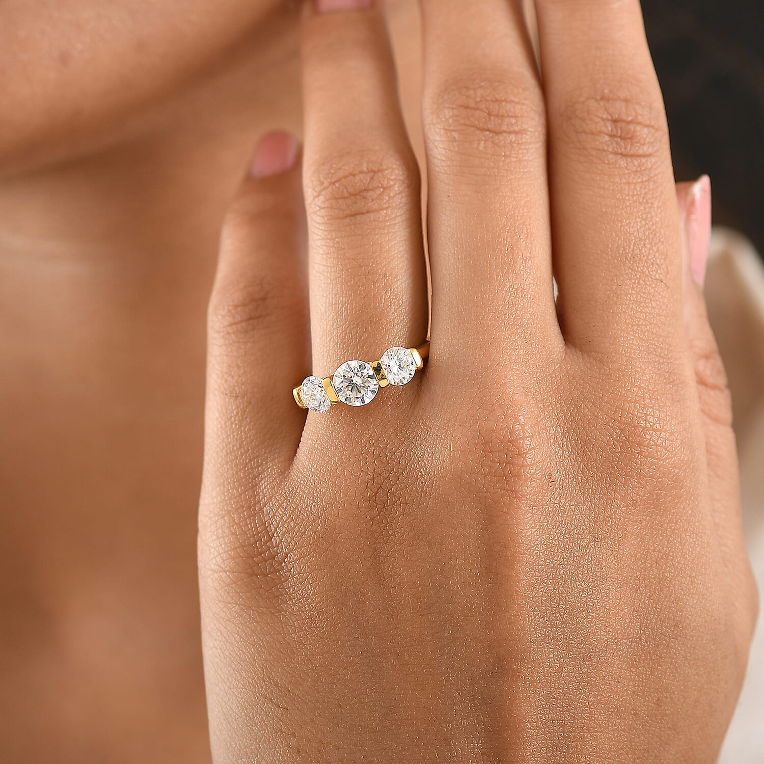 D'Joy Moissanite 3 Stone Ring in Yellow Gold Plated Sterling Silver 1.71 Ct.