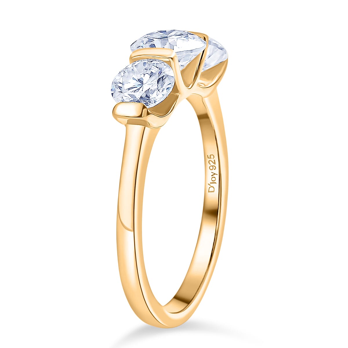 D'Joy Moissanite 3 Stone Ring in Yellow Gold Plated Sterling Silver 1.71 Ct.