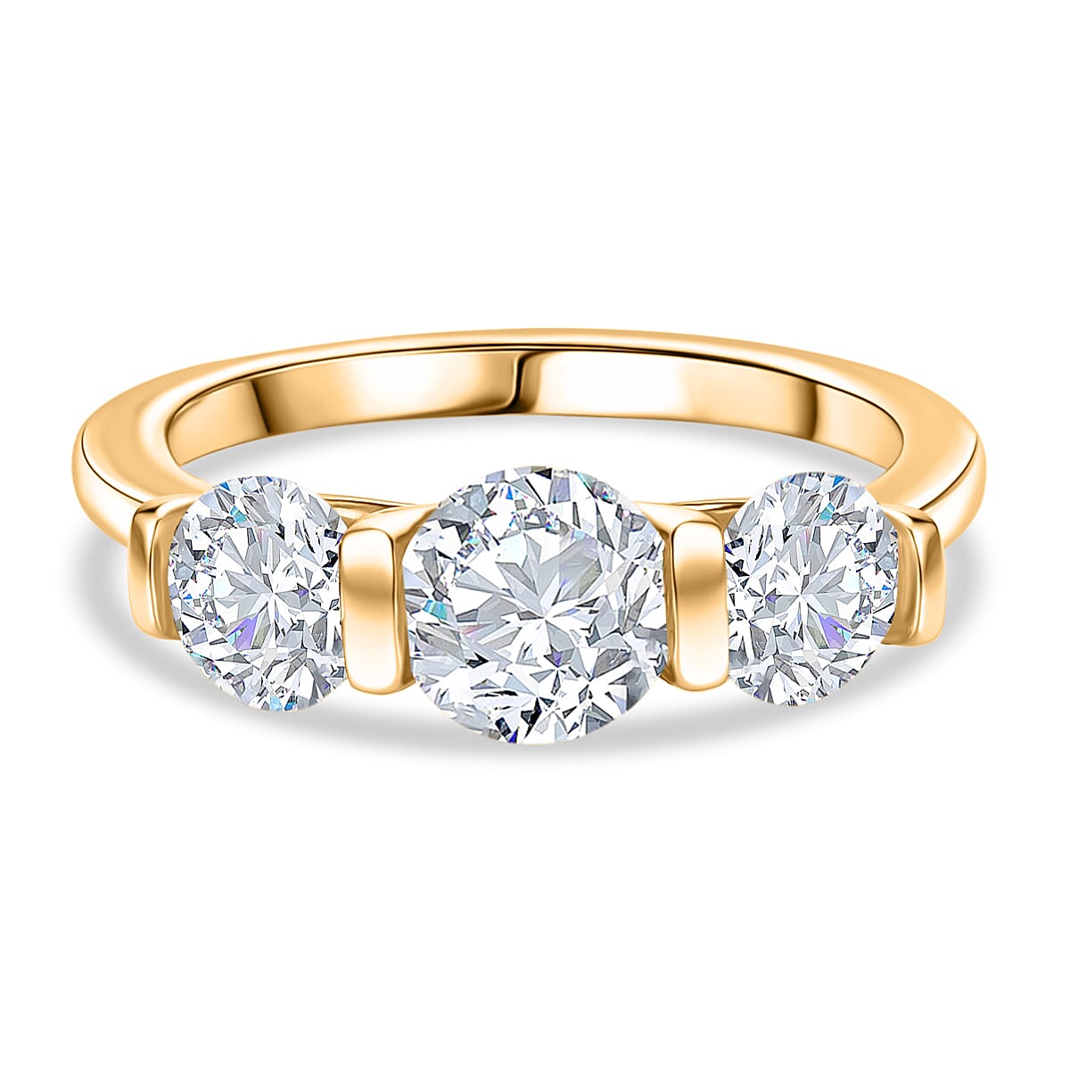 D'Joy Moissanite 3 Stone Ring in Yellow Gold Plated Sterling Silver 1.71 Ct.