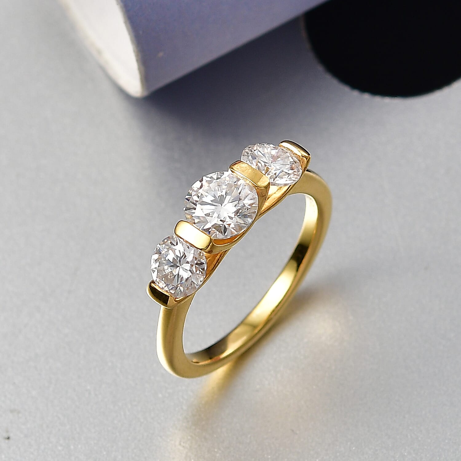 D'Joy Moissanite 3 Stone Ring in Yellow Gold Plated Sterling Silver 1.71 Ct.