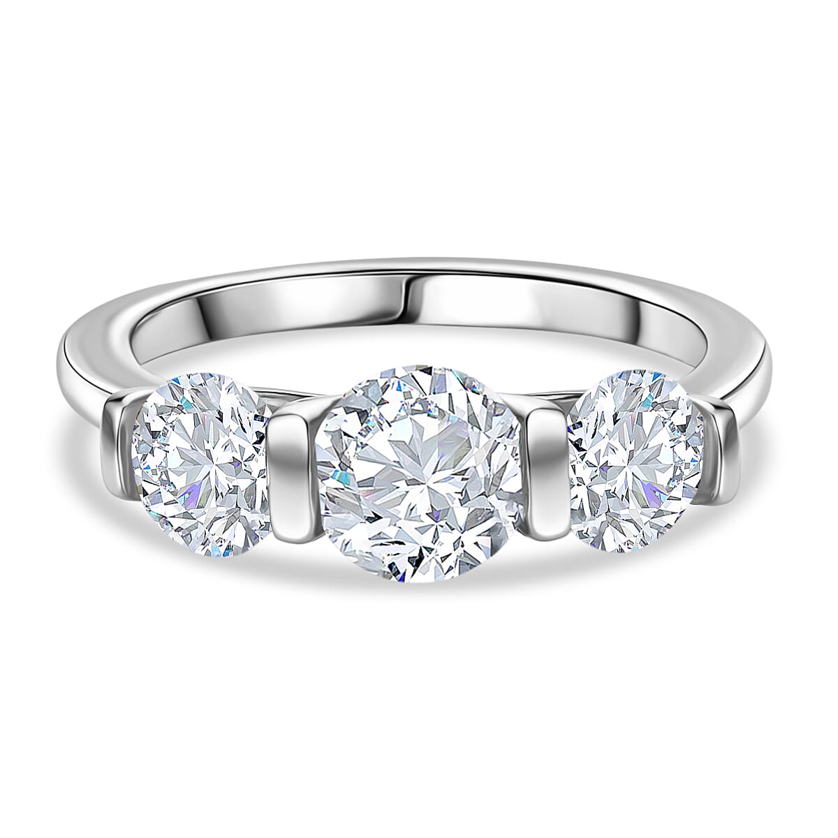 D'Joy Moissanite Trilogy Ring in Platinum Overlay Sterling Silver 1.71 Ct.