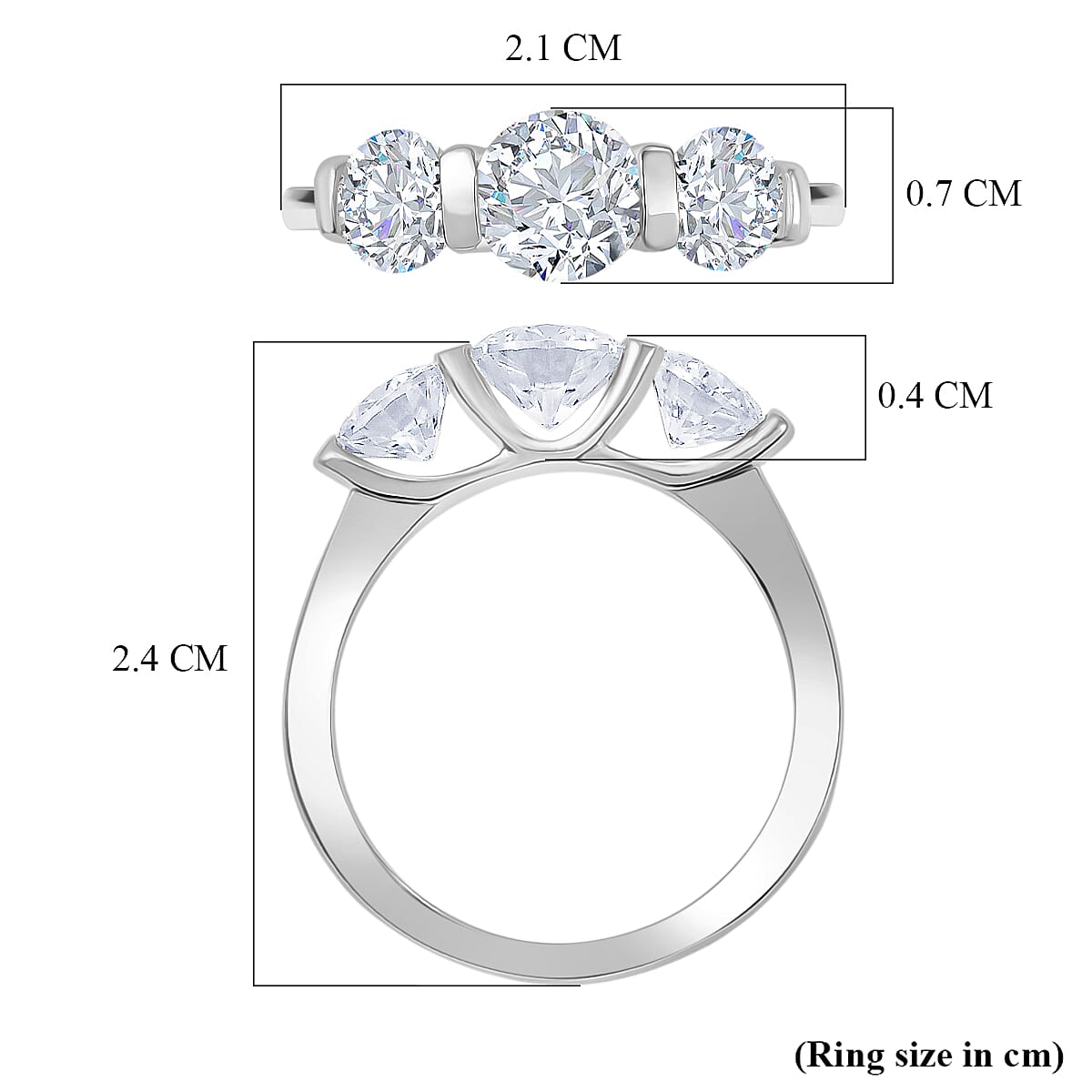 D'Joy Moissanite Trilogy Ring in Platinum Overlay Sterling Silver 1.71 Ct.