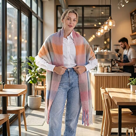 - Maisi Multicoloured Soft Checkered Tassel Scarf (190 x 40 cm) - Light Blue