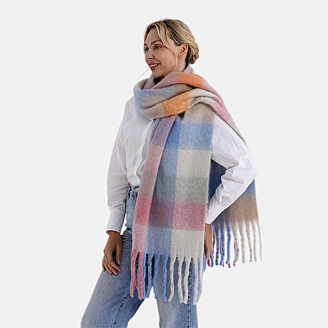 - Maisi Multicoloured Soft Checkered Tassel Scarf (190 x 40 cm) - Light Blue