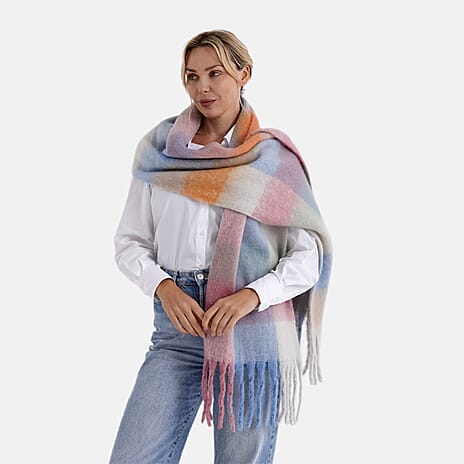 - Maisi Multicoloured Soft Checkered Tassel Scarf (190 x 40 cm) - Light Blue