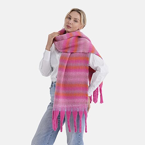 - Maisi Multicoloured Layer Pattern Tassel Scarf (190 x 40 cm) - Pink