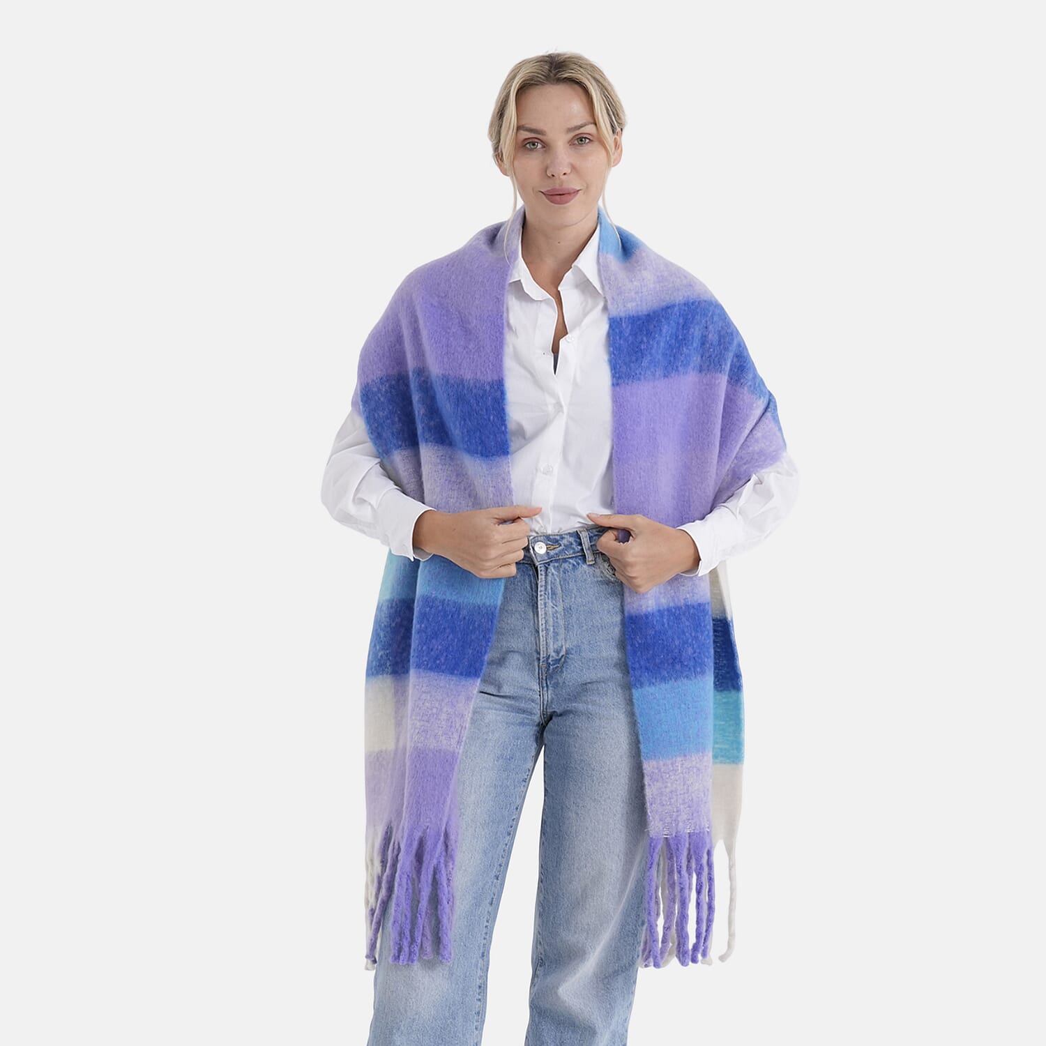 - Maisi Multicoloured Soft Checkered Tassel Scarf (190 x 40 cm) - Purple
