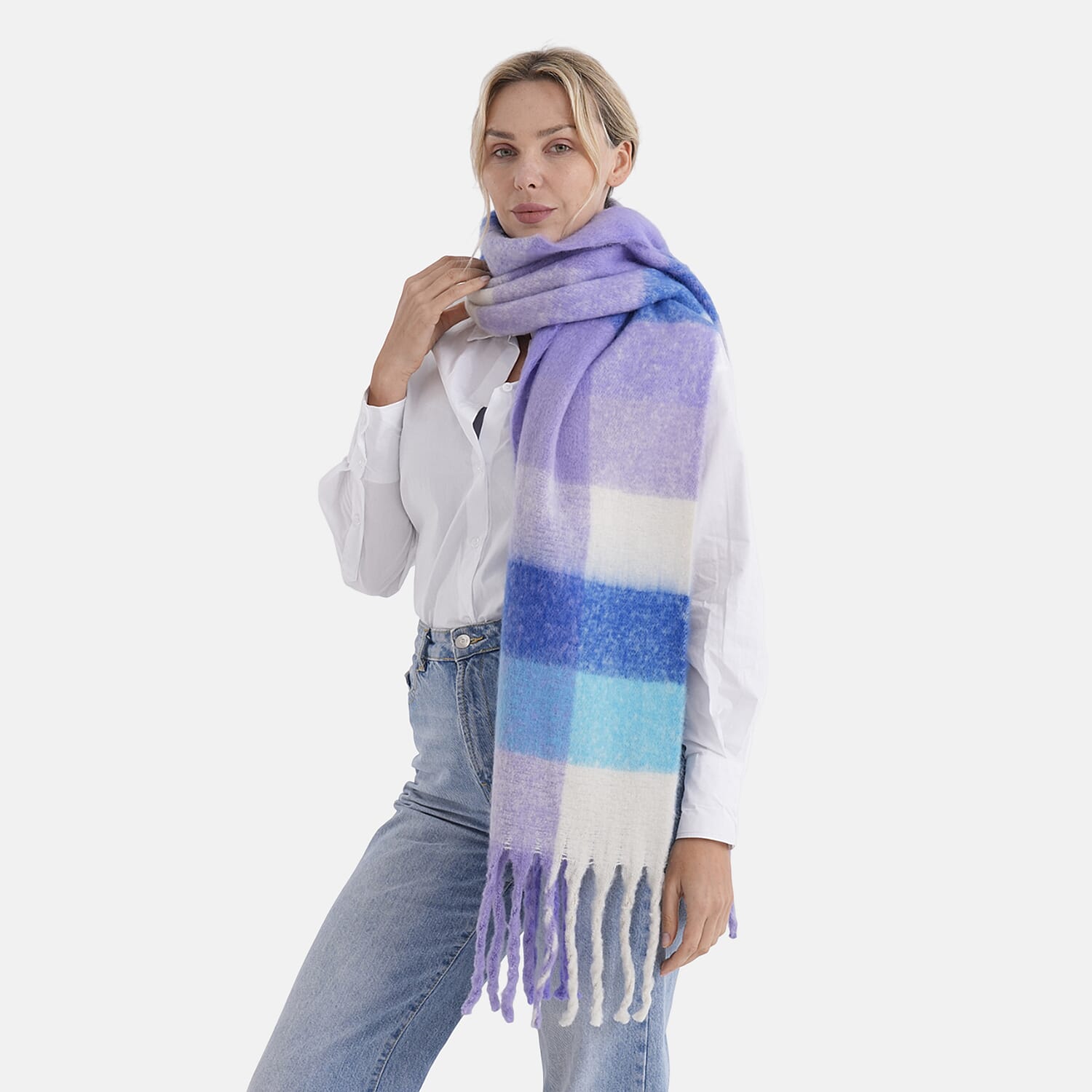 - Maisi Multicoloured Soft Checkered Tassel Scarf (190 x 40 cm) - Purple